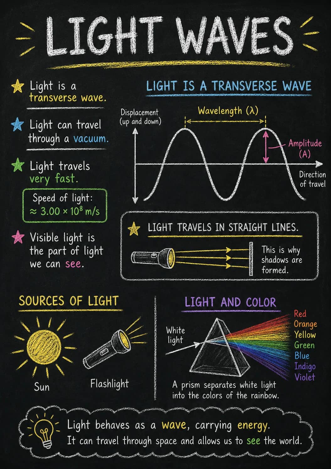 Light Waves infographic poster showing - ★ Light is a transverse wave., - ★ Light can travel through a vacuum., - ★ Light travels very...