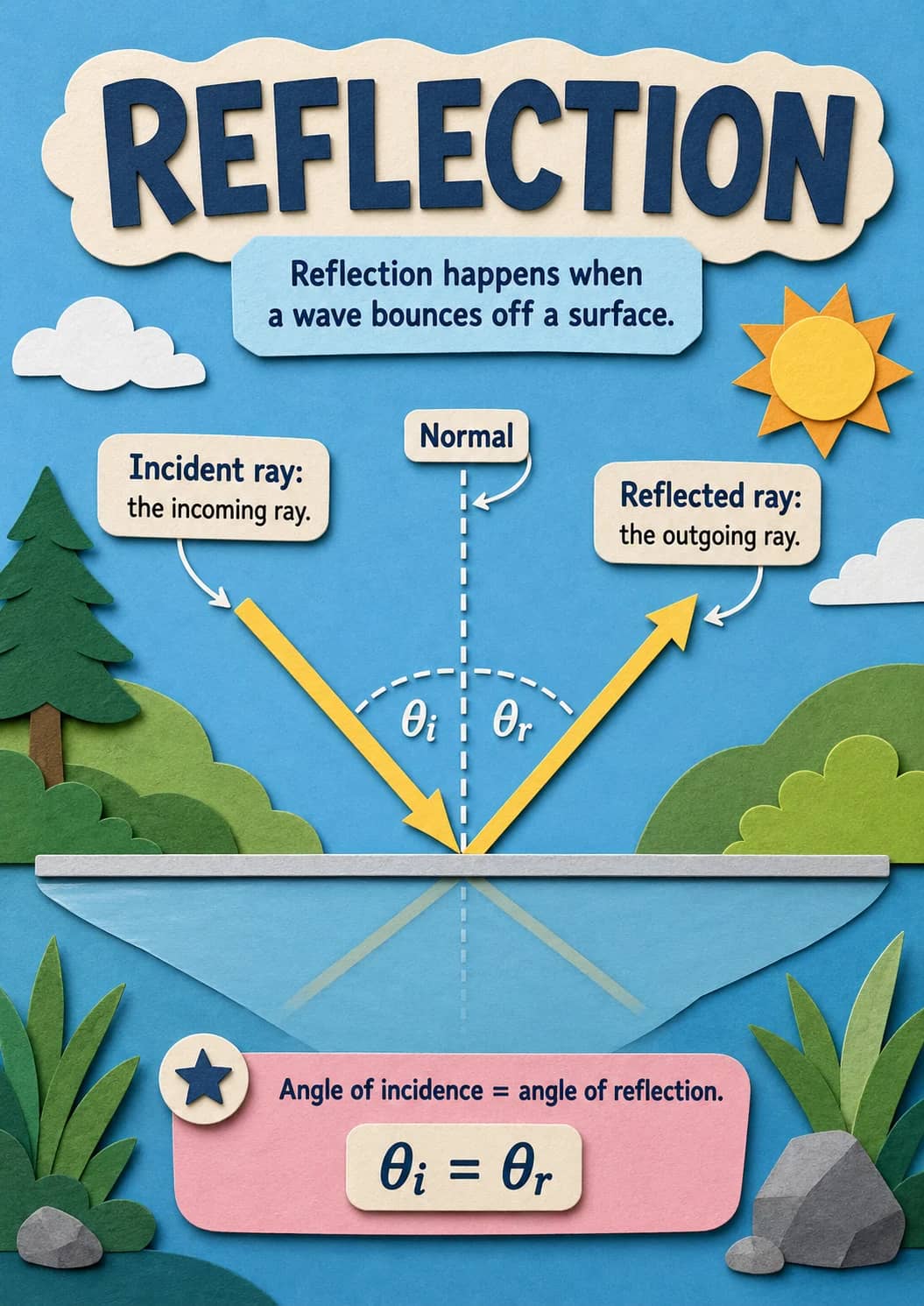 Reflection infographic poster showing Reflection happens when a wave bounces off a surface., Incident ray: the incoming ray., Normal,...