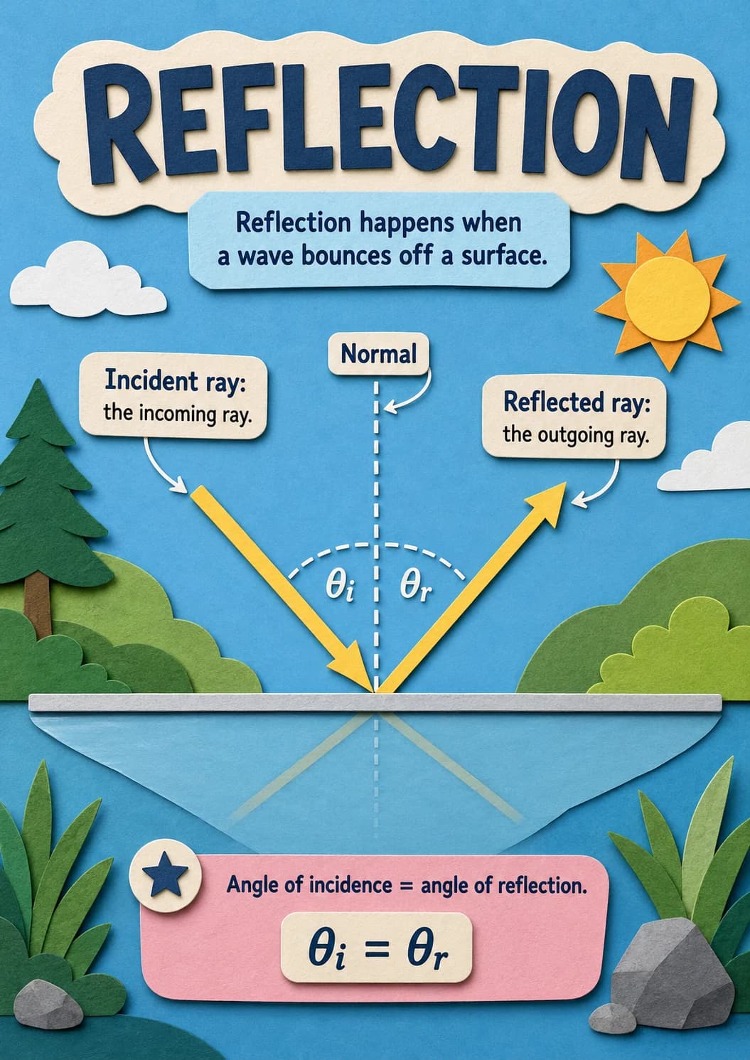 Reflection infographic poster with clear labels for Waves.