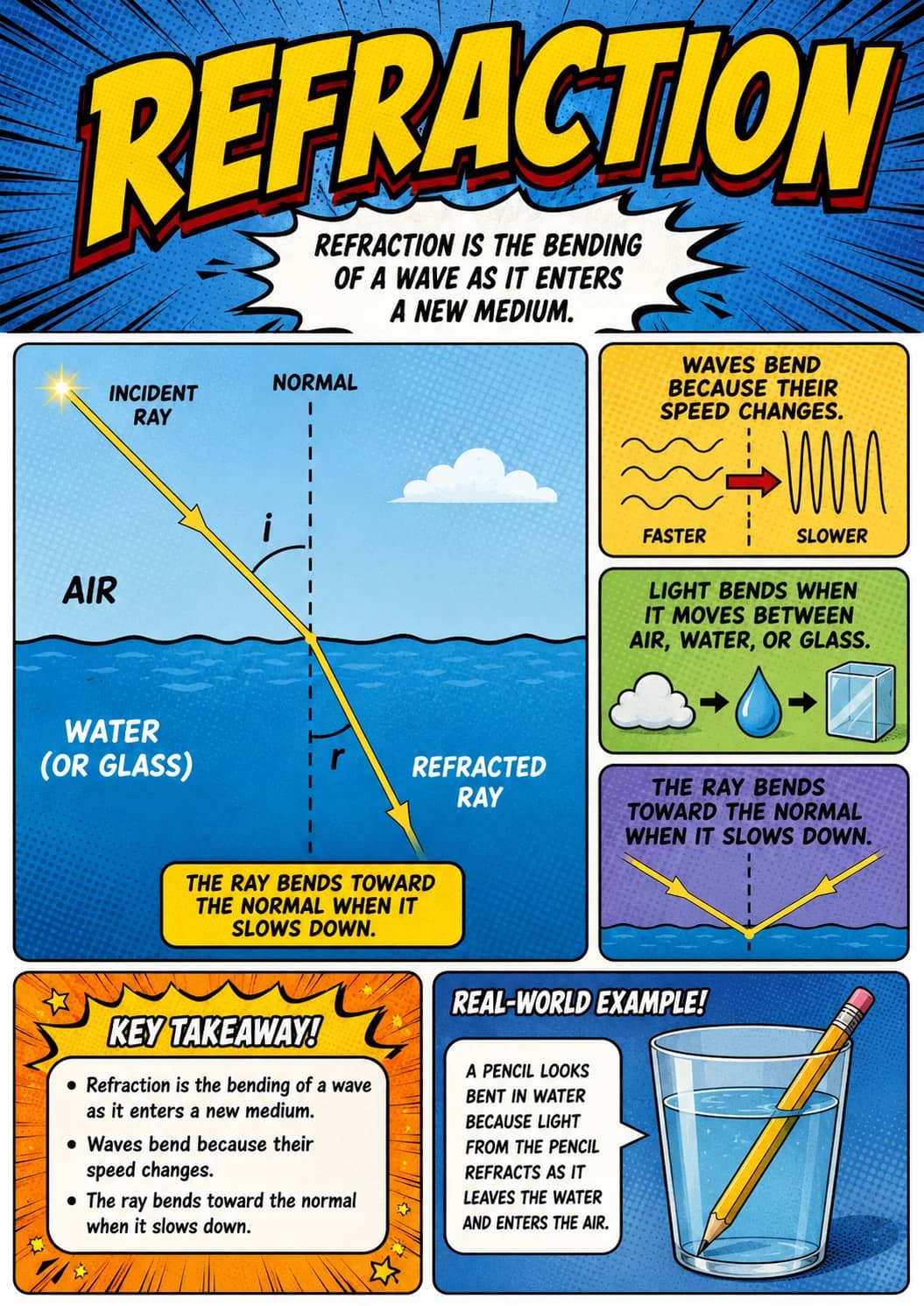 Refraction infographic poster showing REFRACTION IS THE BENDING, OF A WAVE AS IT ENTERS and A NEW MEDIUM. for Waves.