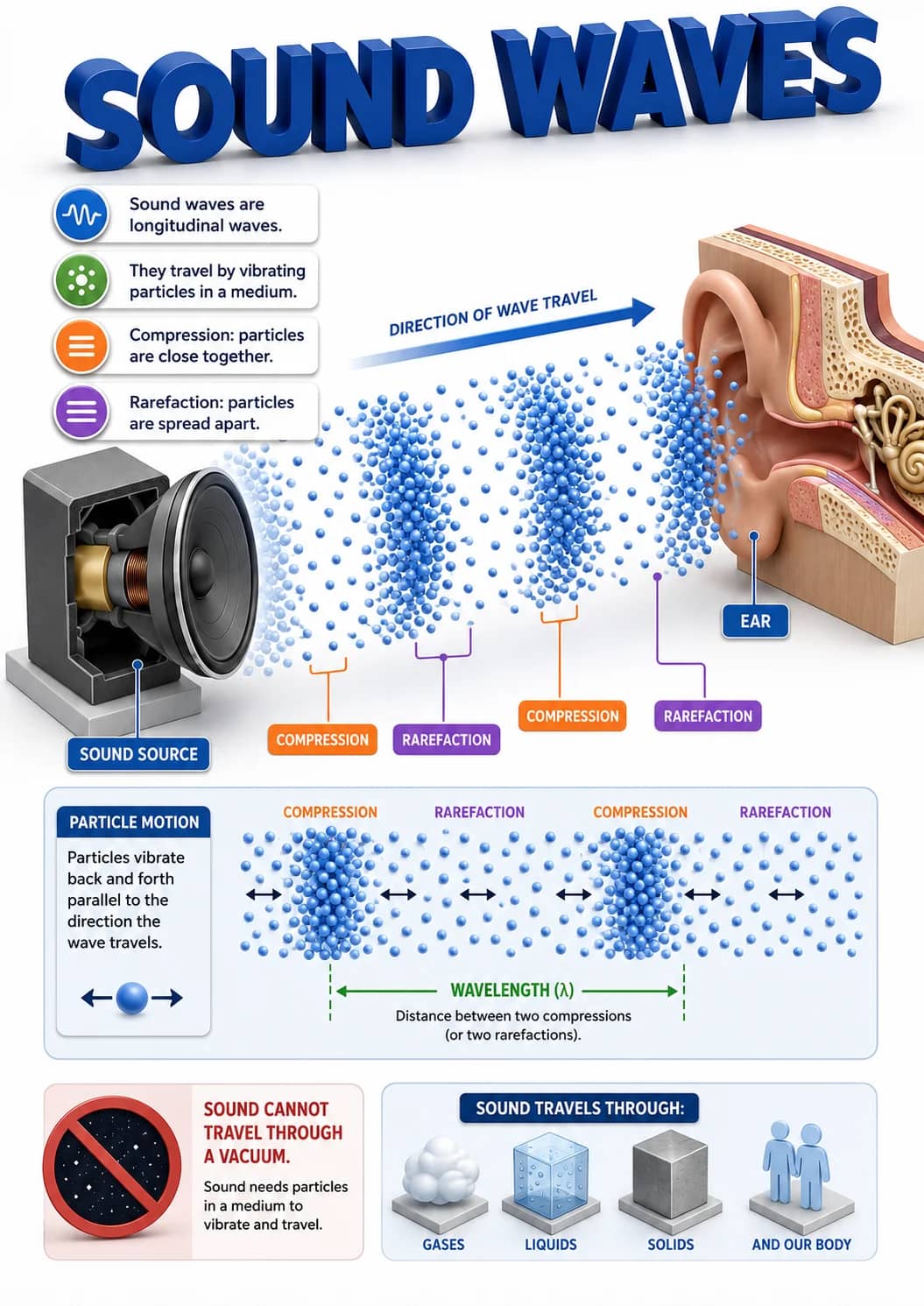 Sound Waves infographic poster showing PARTICLE MOTION, Particles vibrate back and forth parallel to the direction the wave travels.,...