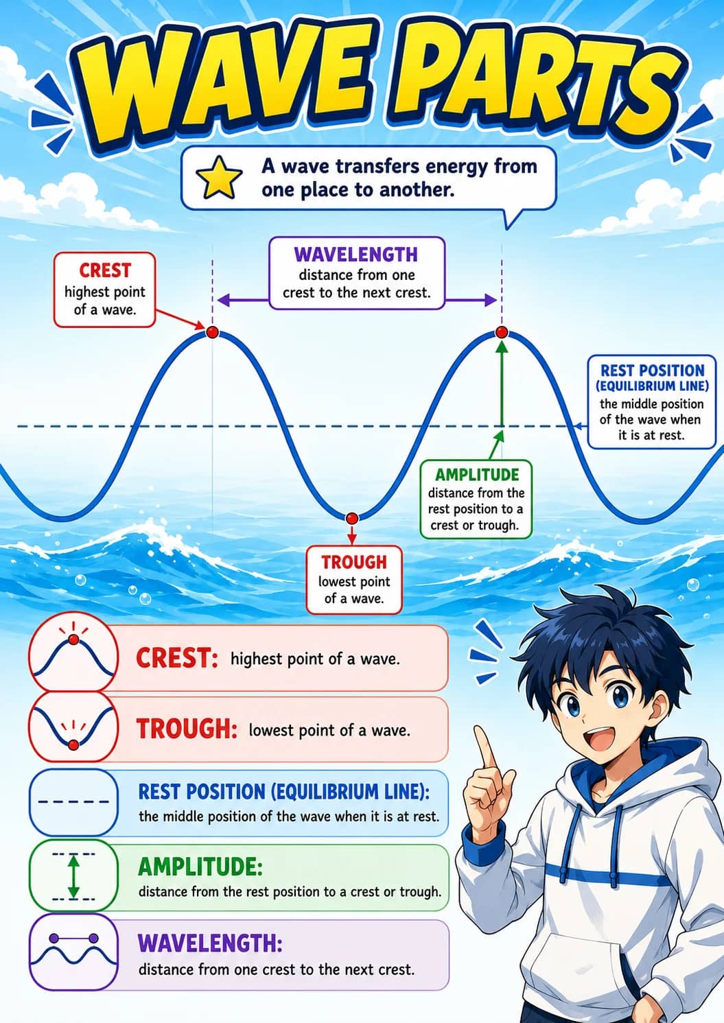 Wave Parts infographic poster showing A wave transfers energy from one place to another., CREST, highest point, of a wave. and WAVELENGTH...
