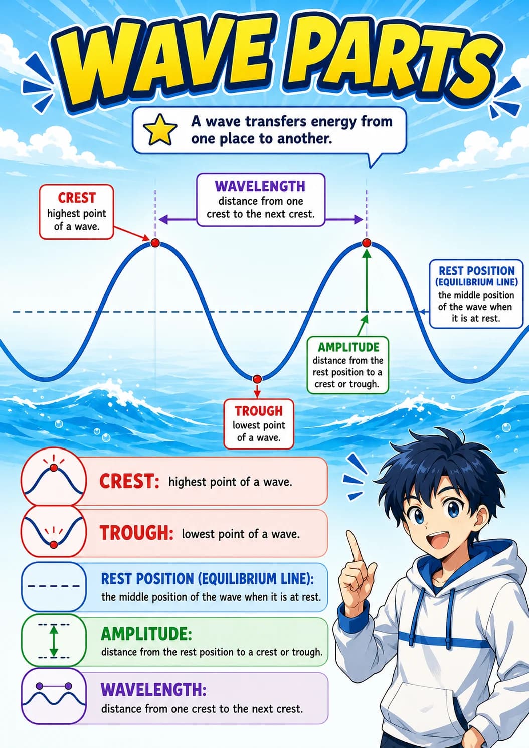 Wave Parts infographic poster with clear labels for Waves.