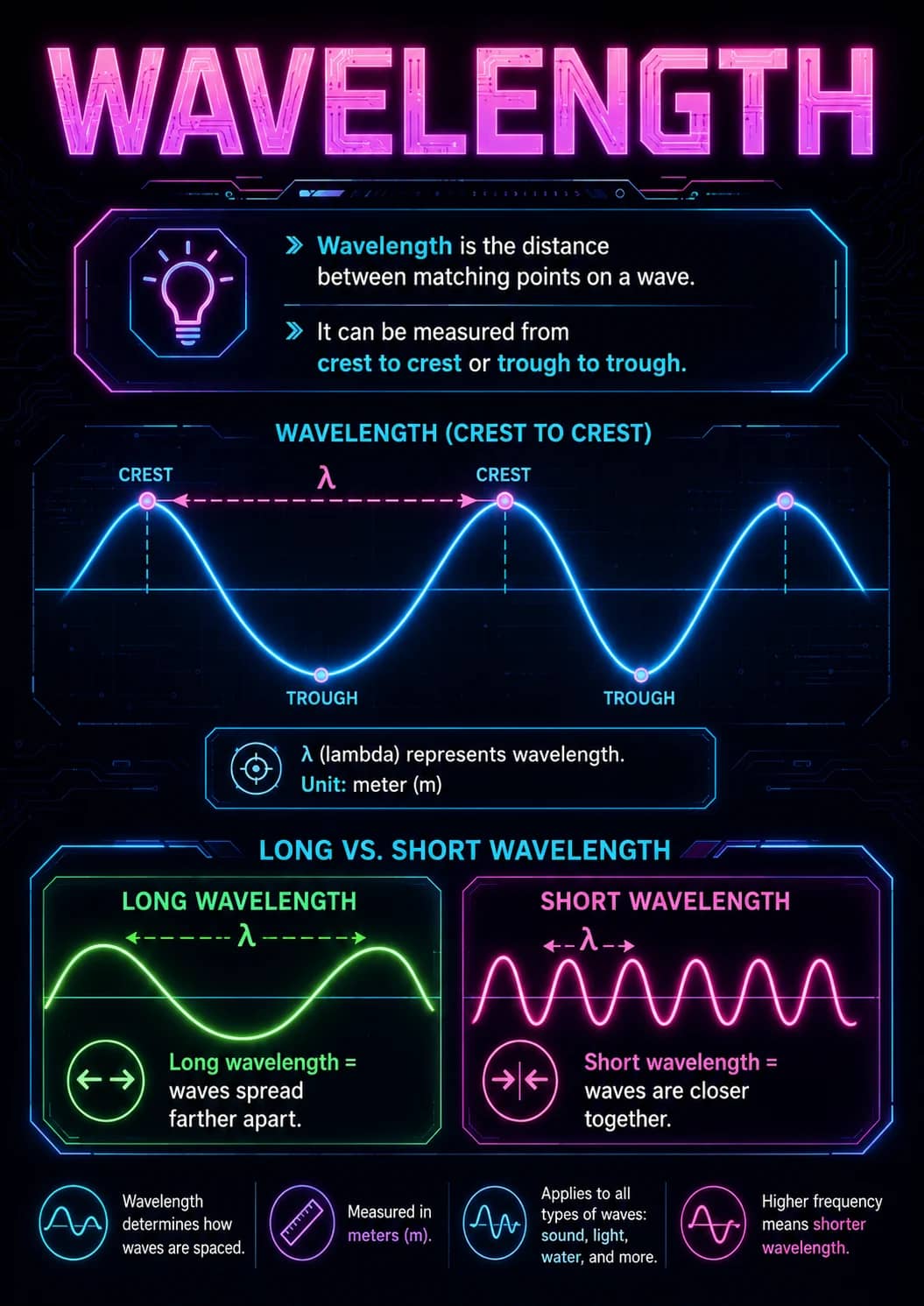 Wavelength infographic poster showing Wavelength is the distance between matching points on a wave., It can be measured from crest to...