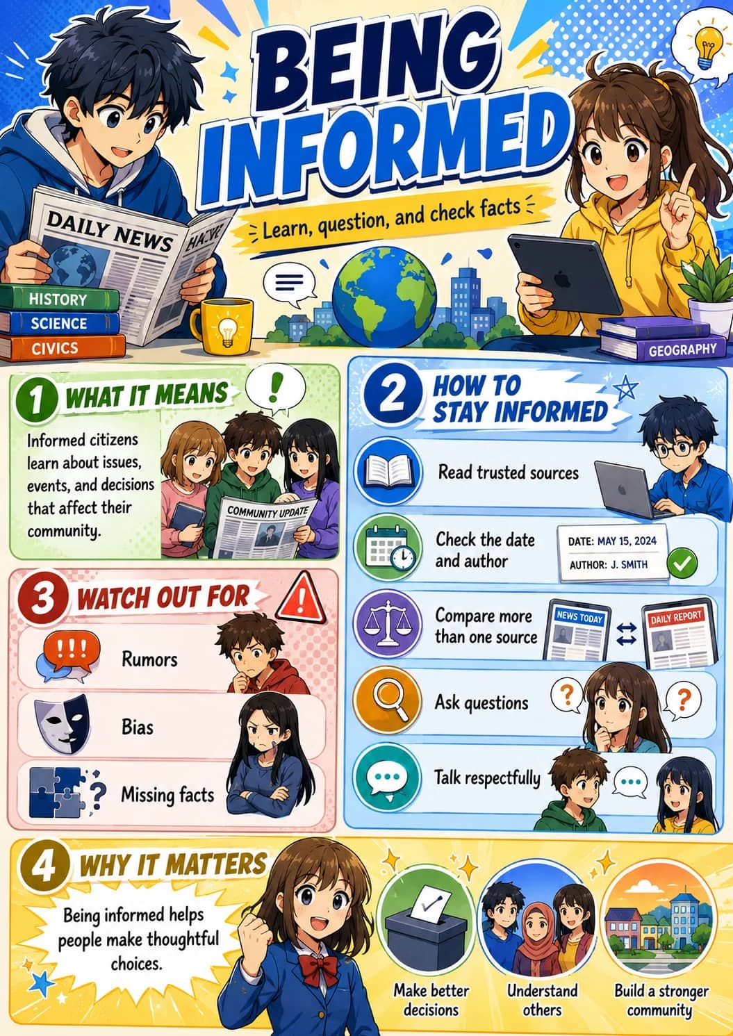 1 What It Means infographic poster showing 3 WATCH OUT FOR, Rumors, Bias, Missing facts and 2 HOW TO STAY INFORMED for Citizenship.