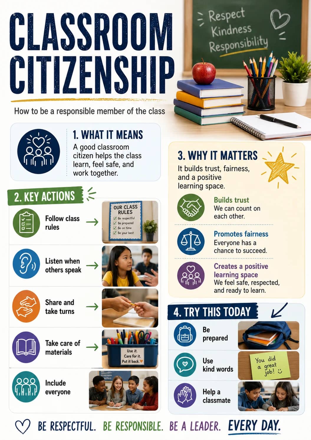 Classroom Citizenship infographic poster showing How to be a responsible member of the class, 1. WHAT IT MEANS, A good classroom citizen...