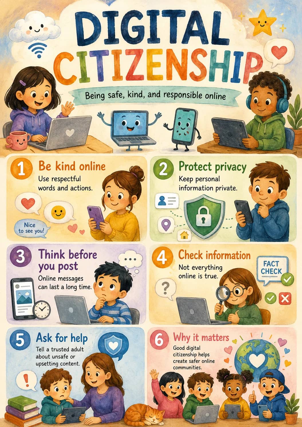 Digital Citizenship infographic poster showing Being safe, kind, and responsible online, 1 Be kind online, Use respectful words and...