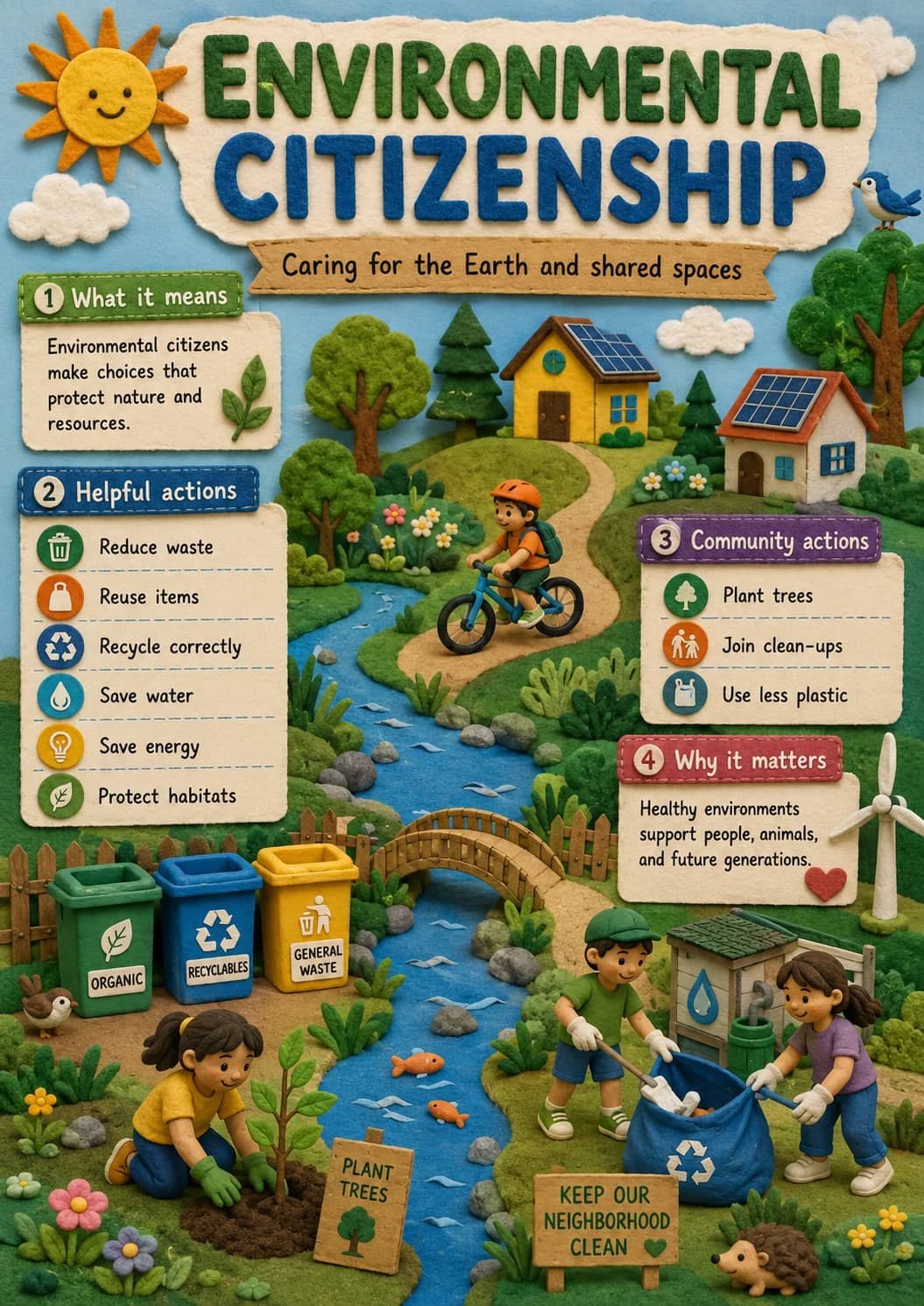 Environmental Citizenship infographic poster showing Caring for the Earth and shared spaces, 1 What it means, Environmental citizens make...
