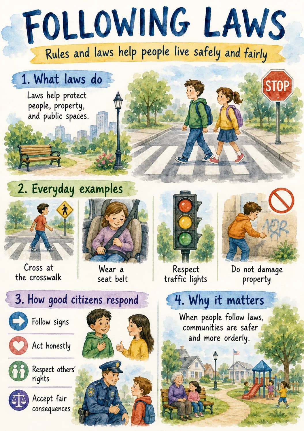 Following Laws infographic poster showing Rules and laws help people live safely and fairly, 1. What laws do, Laws help protect people,...