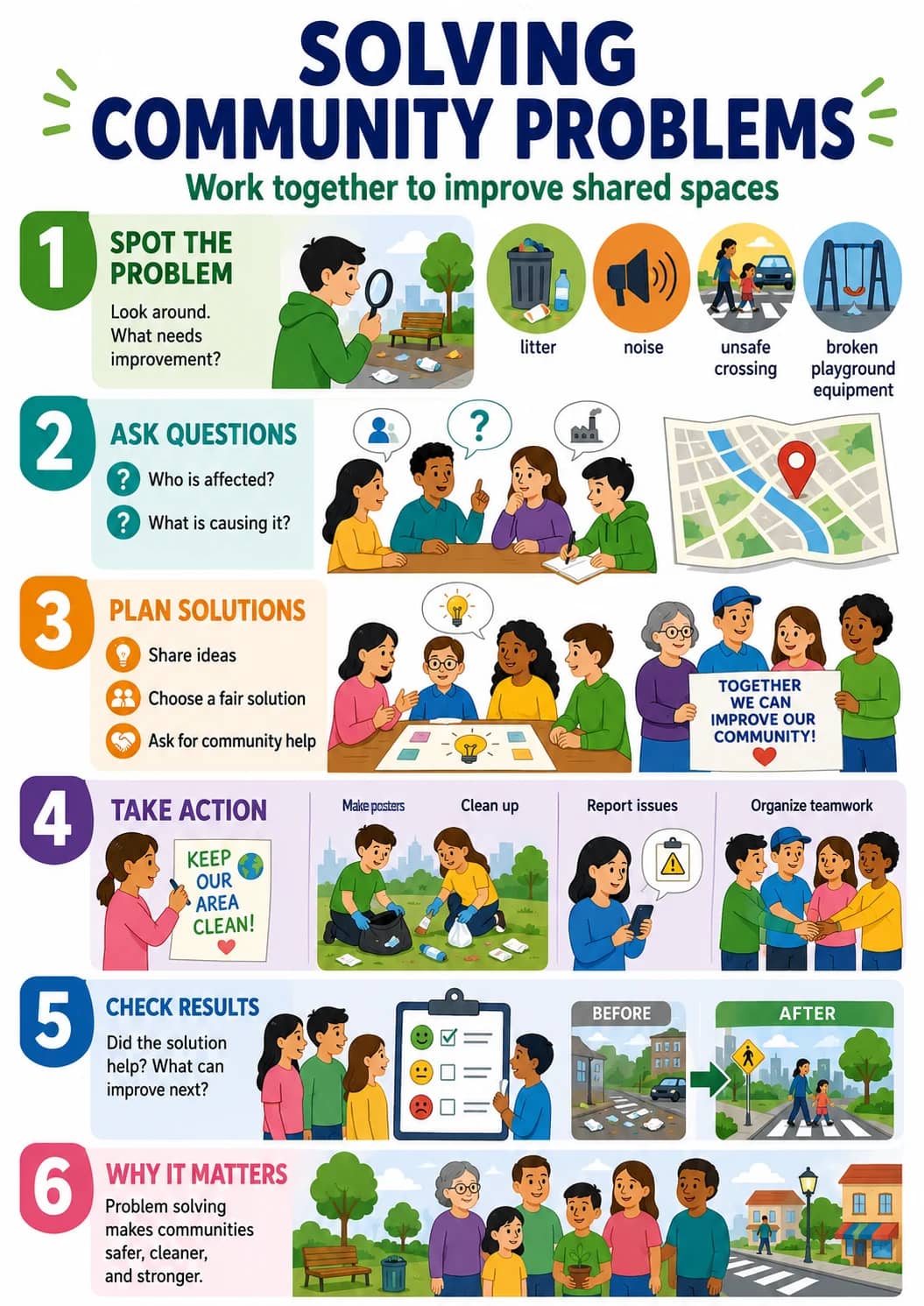 Solving infographic poster showing COMMUNITY PROBLEMS, Work together to improve shared spaces, SPOT THE PROBLEM, Look around. and What...