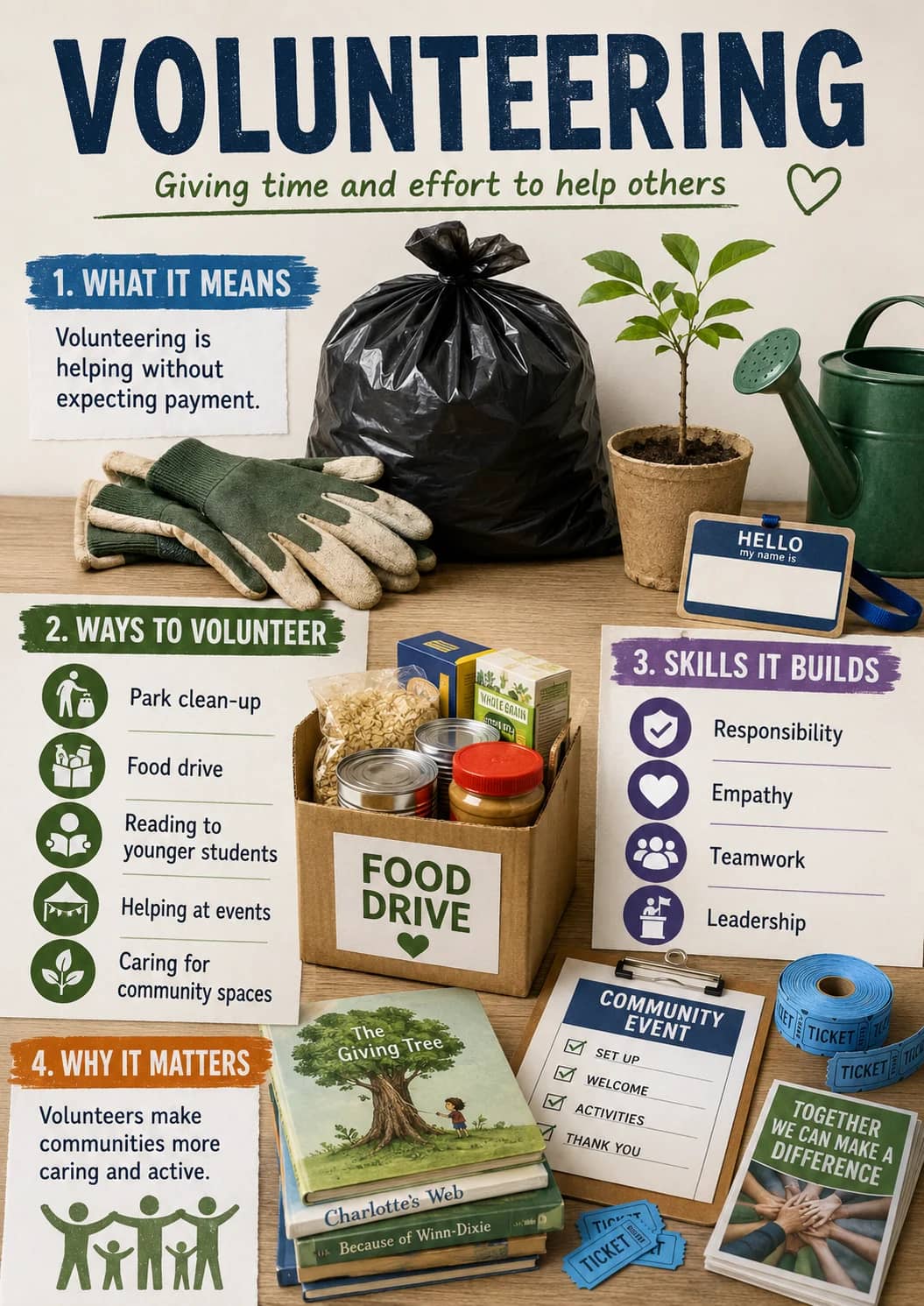 Volunteering infographic poster showing Giving time and effort to help others, 1. WHAT IT MEANS, Volunteering is helping without expecting...