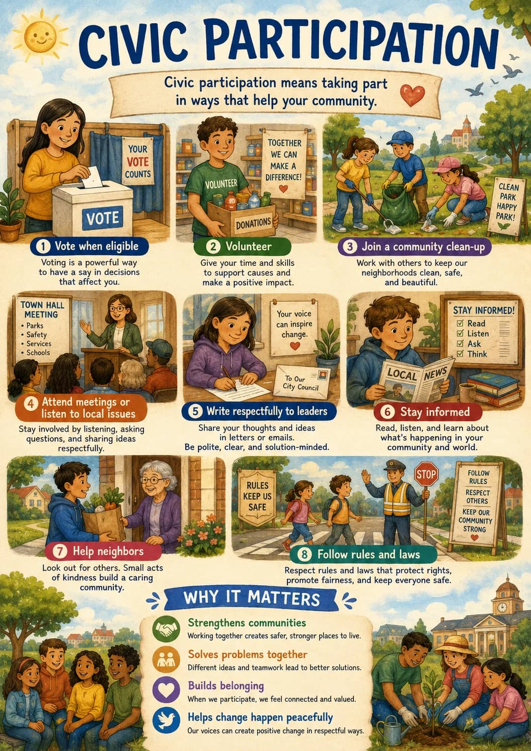 Civic Participation infographic poster showing Civic participation means taking part in ways that help your community., 1 Vote when...