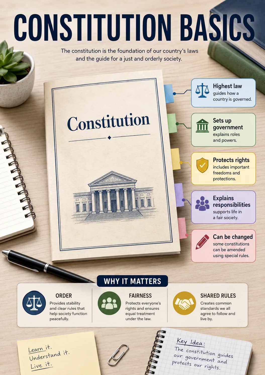 Constitution Basics infographic poster showing Constitution, Highest law guides how a country is governed., Sets up government explains...
