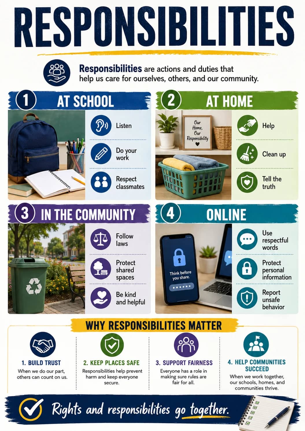 Rights and Responsibilities Go Together. infographic poster showing RESPONSIBILITIES, 1 AT SCHOOL, Listen, Do your work and Respect...