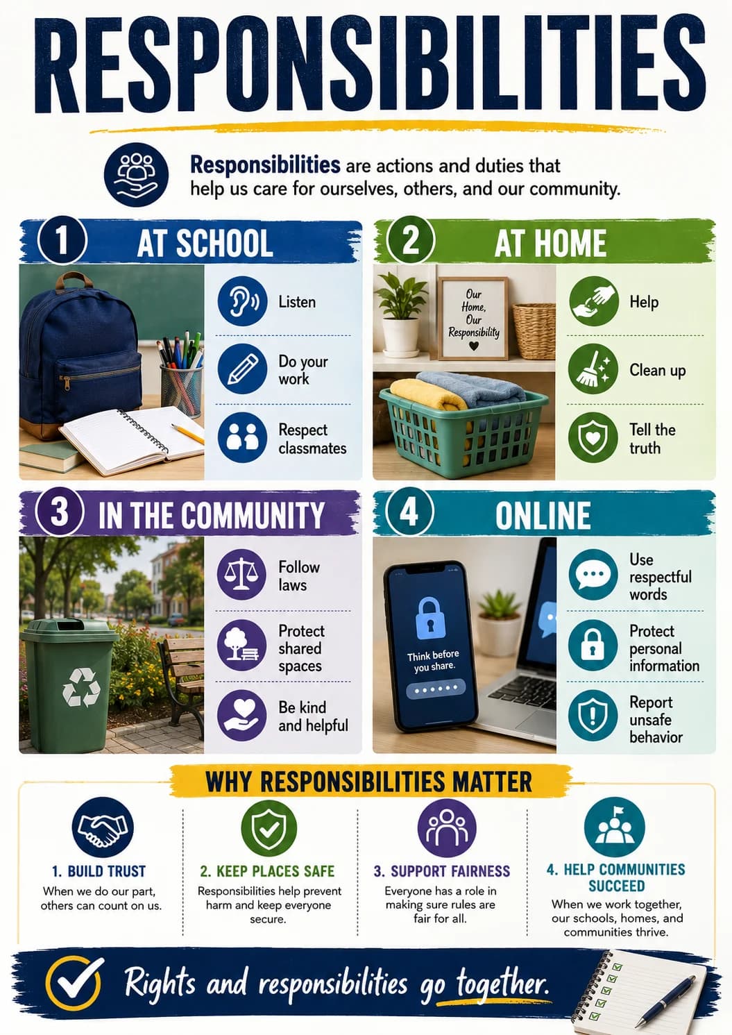 Rights and Responsibilities Go Together. infographic poster with clear labels for Civics.