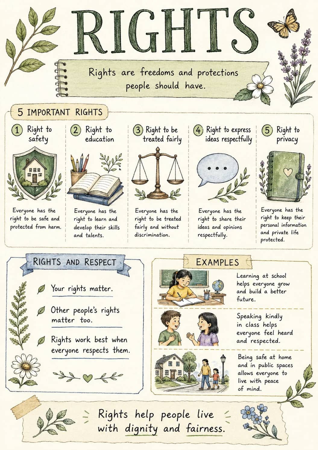 Rights infographic poster showing Rights are freedoms and protections people should have., 5 IMPORTANT RIGHTS, Right to safety, Everyone...