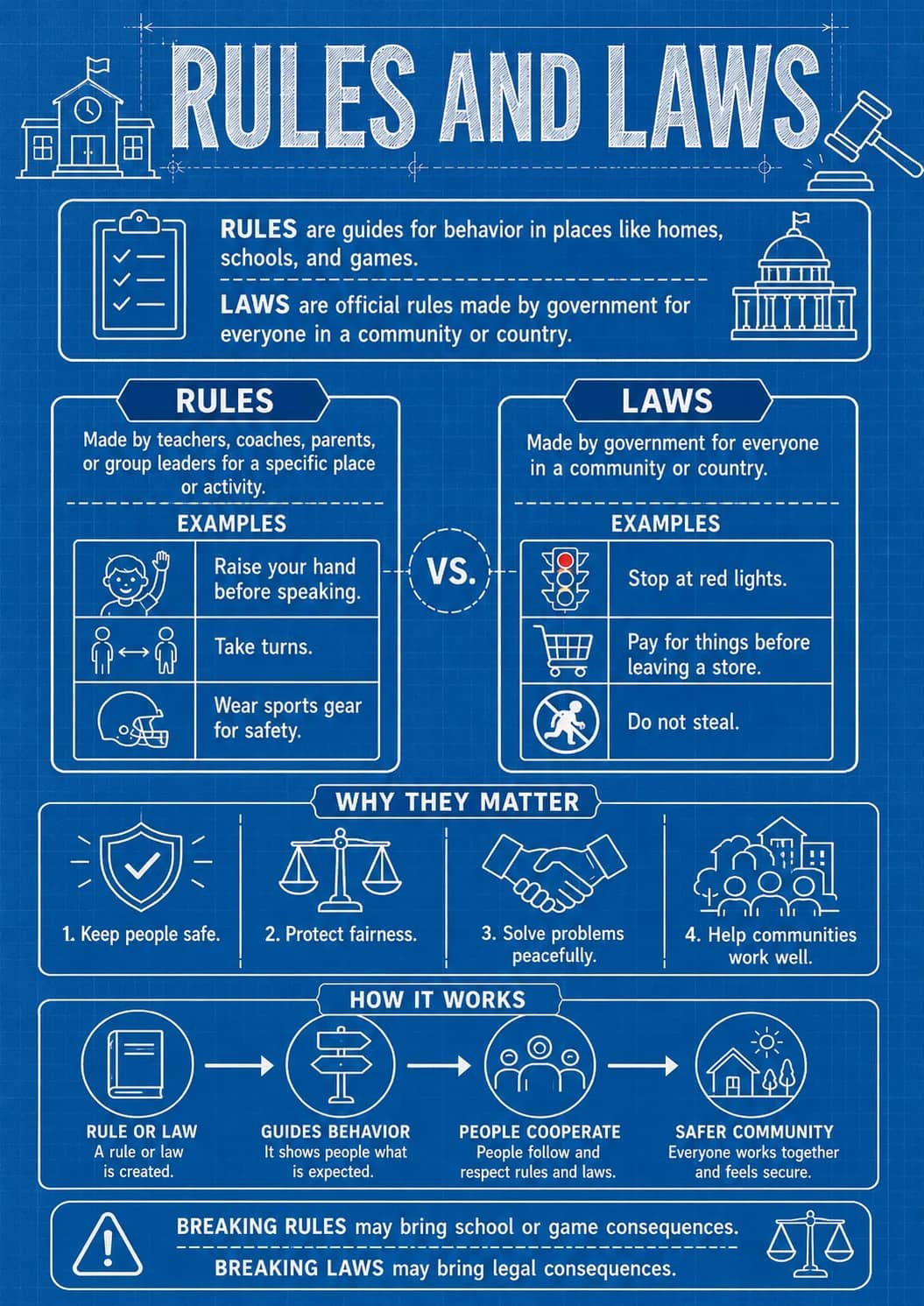 Rules and Laws infographic poster showing RULES are guides for behavior in places like homes, schools, and games., RULES, EXAMPLES, Raise...