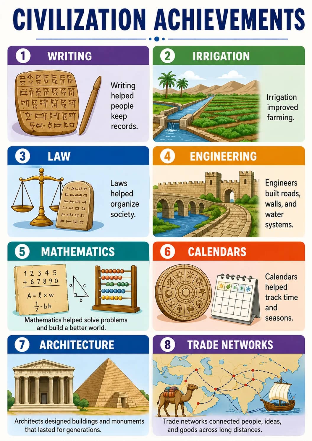 Civilization Achievements infographic poster showing 1 WRITING, Writing, helped, people and keep for Civilizations.