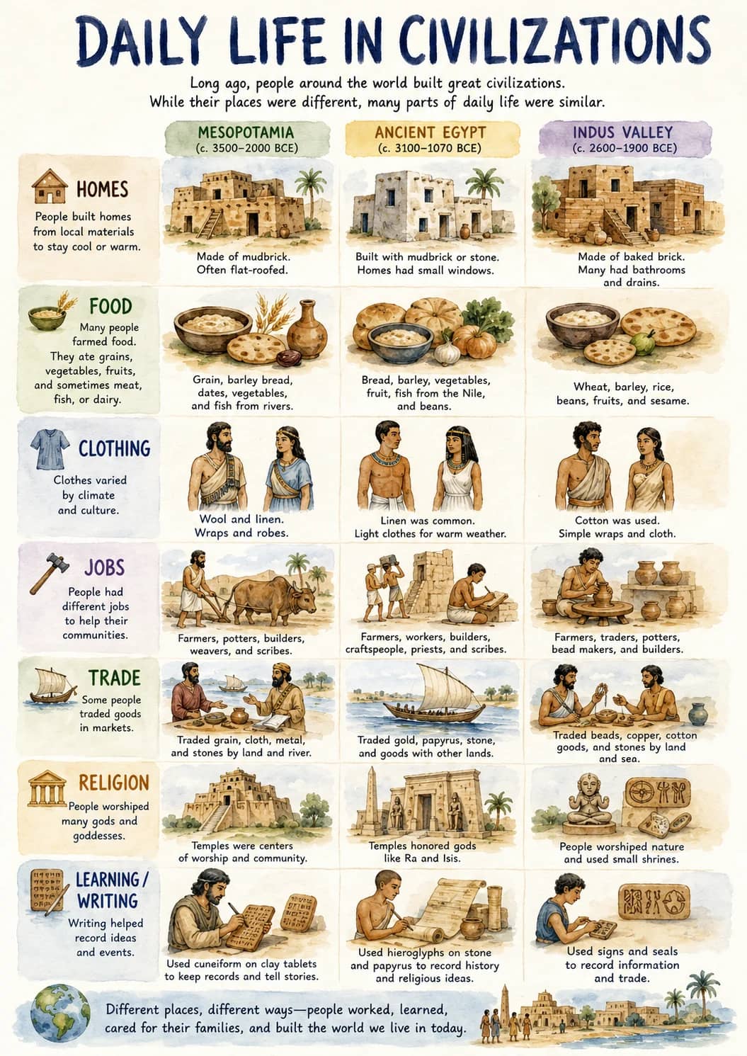 Daily Life in Civilizations infographic poster showing Long ago, people around the world built great civilizations., While their places...