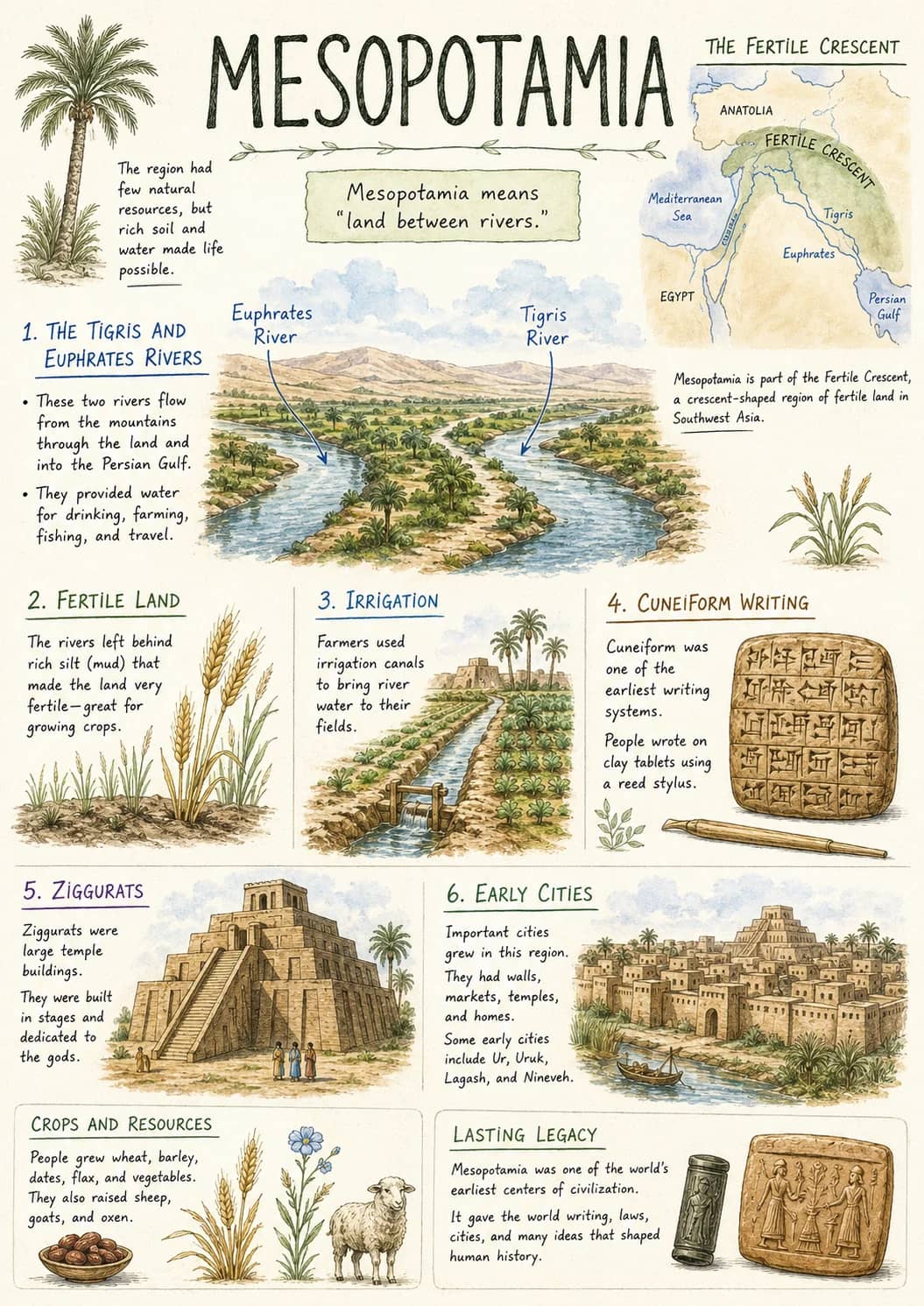 Mesopotamia infographic poster showing THE FERTILE CRESCENT, The region had, few natural, resources, but and rich soil and for...