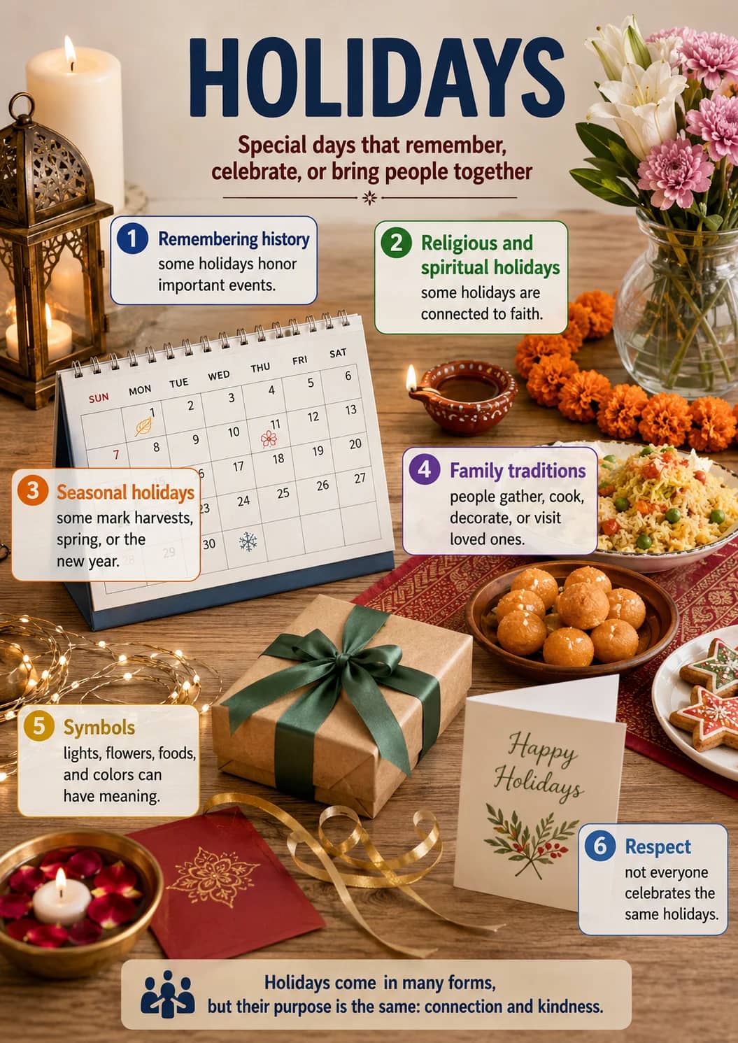 4 Family Traditions infographic poster showing HOLIDAYS, Special days that remember,, celebrate, or bring people together, 1 Remembering...