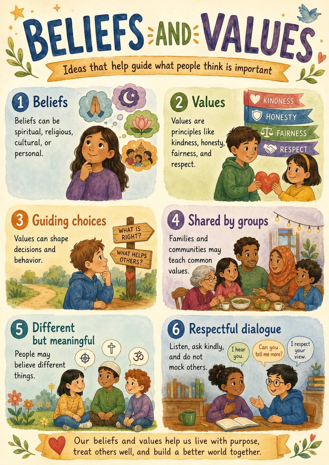Beliefs and Values infographic poster showing Ideas that help guide what people think is important, 1 Beliefs, Beliefs can be spiritual,...