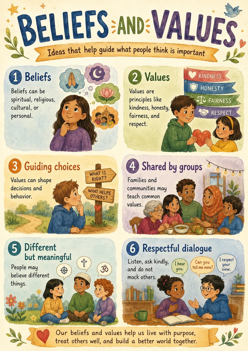 Beliefs and Values infographic poster with clear labels for Cultures.