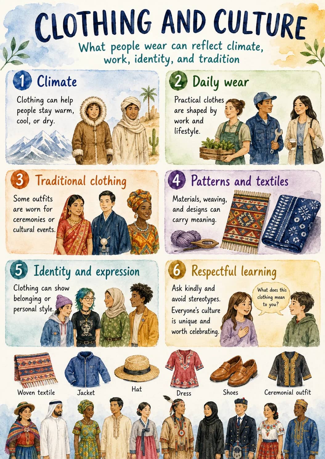 Clothing and Culture infographic poster showing What people wear can reflect climate, work, identity, and tradition, 1 Climate, Clothing...