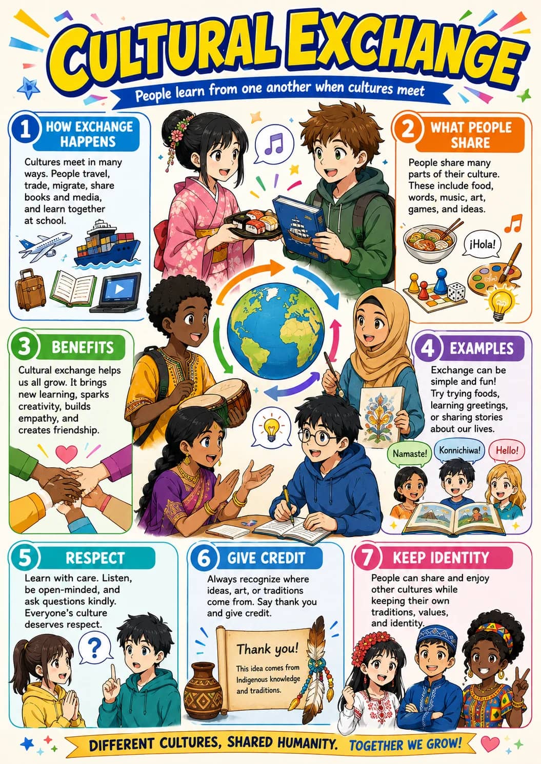 Cultural exchange infographic poster showing People learn from one another when cultures meet, 1 HOW EXCHANGE HAPPENS, 3 BENEFITS, 2 WHAT...