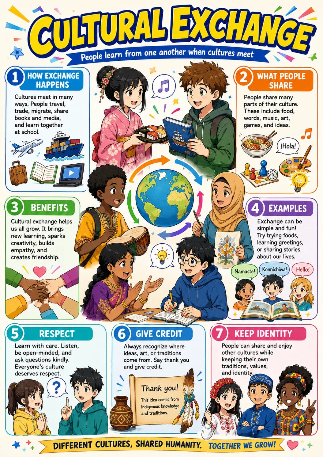 Cultural exchange infographic poster with clear labels for Cultures.