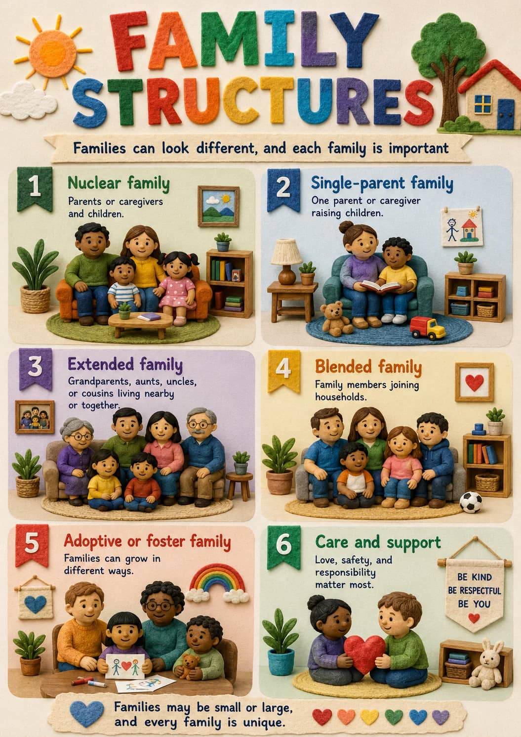 Family Structures infographic poster showing Families can look different, and each family is important, Nuclear family, Parents or...