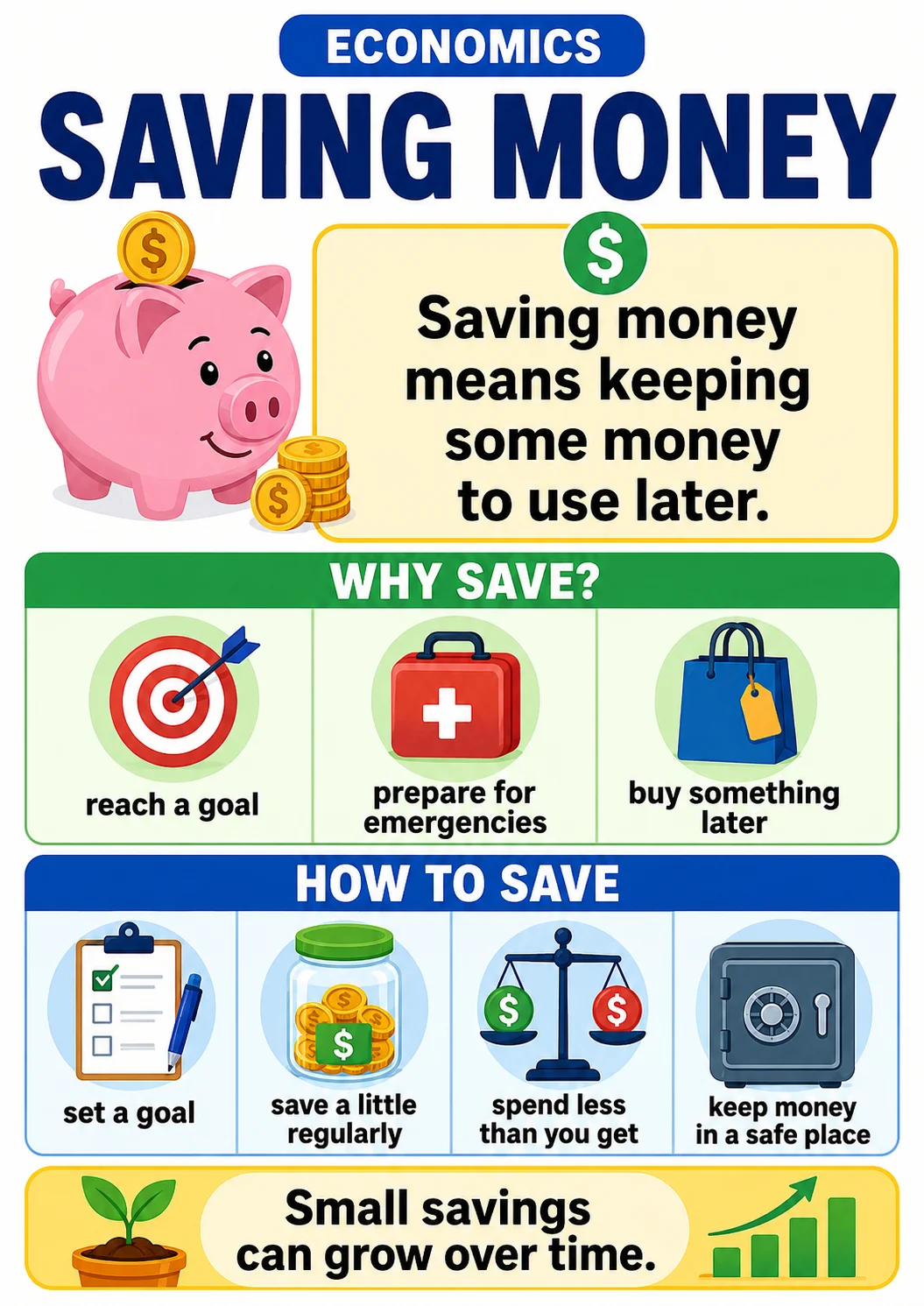 Economics infographic poster showing SAVING MONEY, Saving money means keeping some money to use later., WHY SAVE?, reach a goal and...