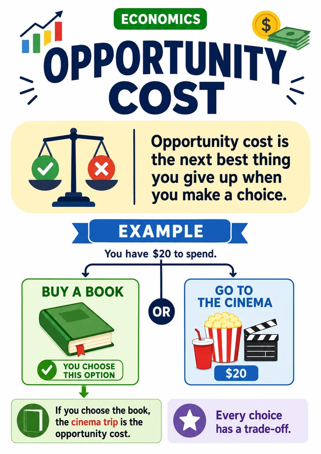Economics infographic poster showing OPPORTUNITY COST, Opportunity cost is the next best thing you give up when you make a choice., You...