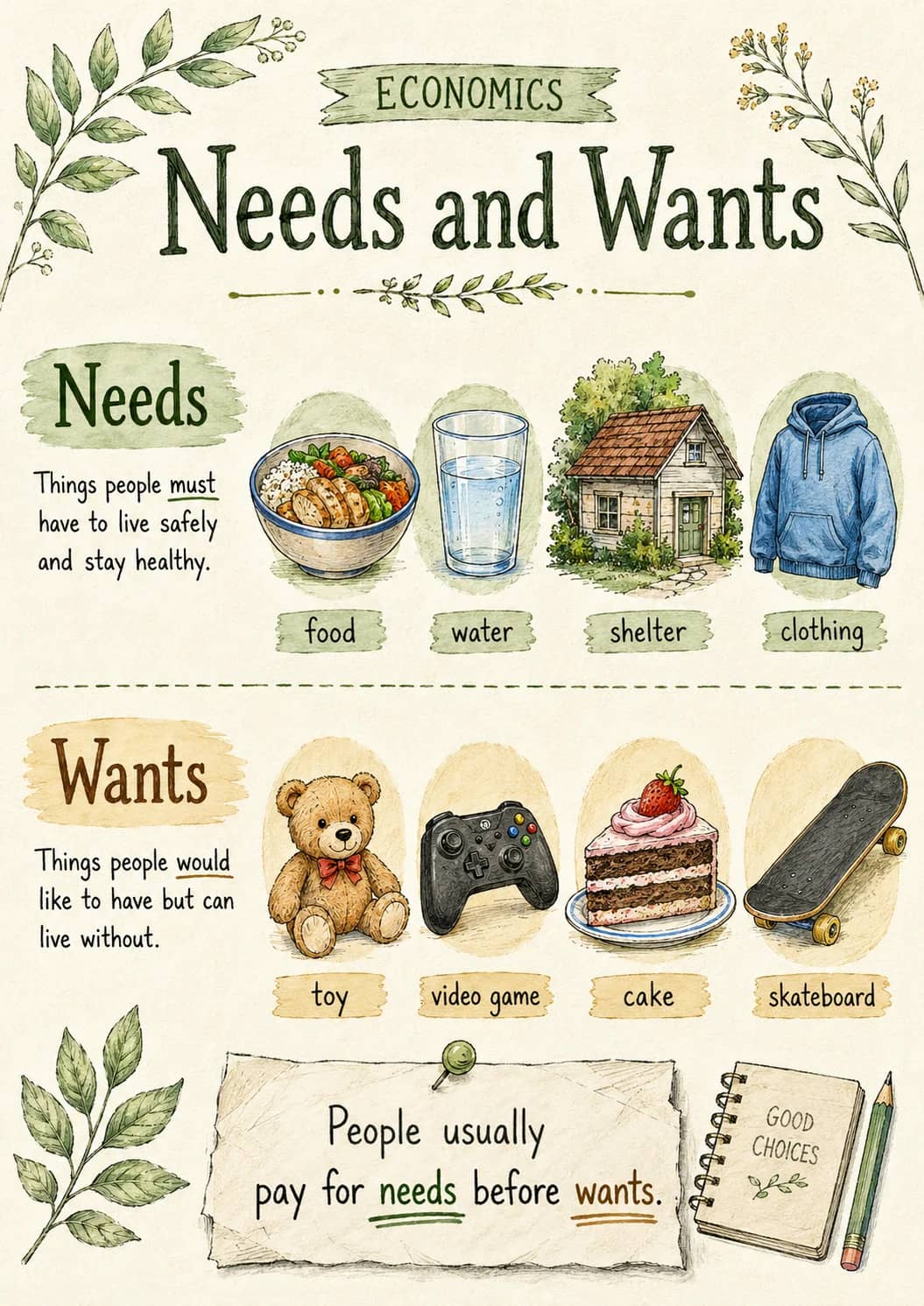 Economics infographic poster showing Needs and Wants, Needs, Things people must have to live safely and stay healthy., food and water for...