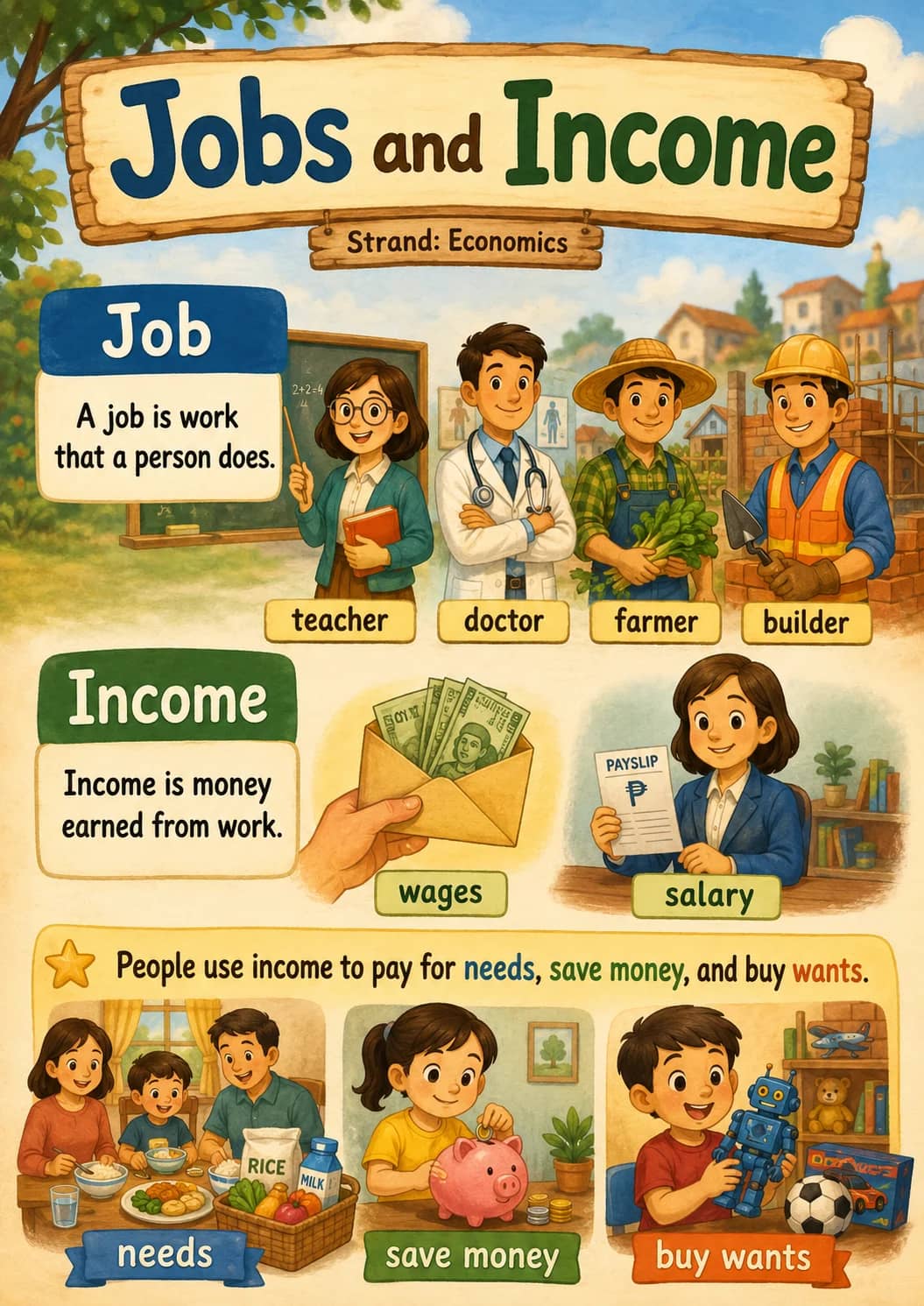 Jobs and Income infographic poster showing Strand: Economics, Job, A job is work that a person does., teacher and doctor for Economics.