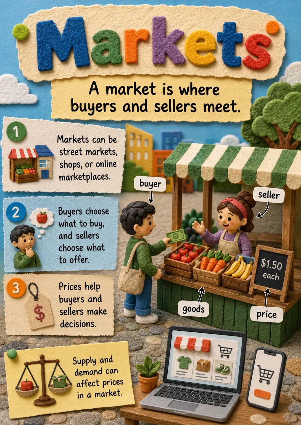 Markets infographic poster showing A market is where buyers and sellers meet., Markets can be street markets, shops, or online...