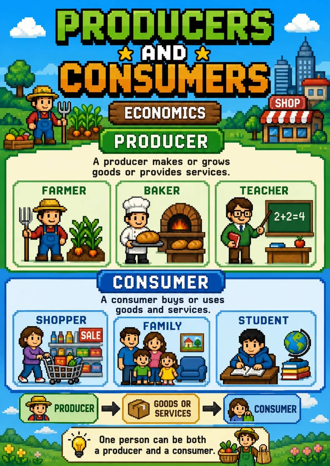 Producers infographic poster showing AND CONSUMERS, PRODUCER, A producer makes or grows, goods or provides services. and FARMER for...