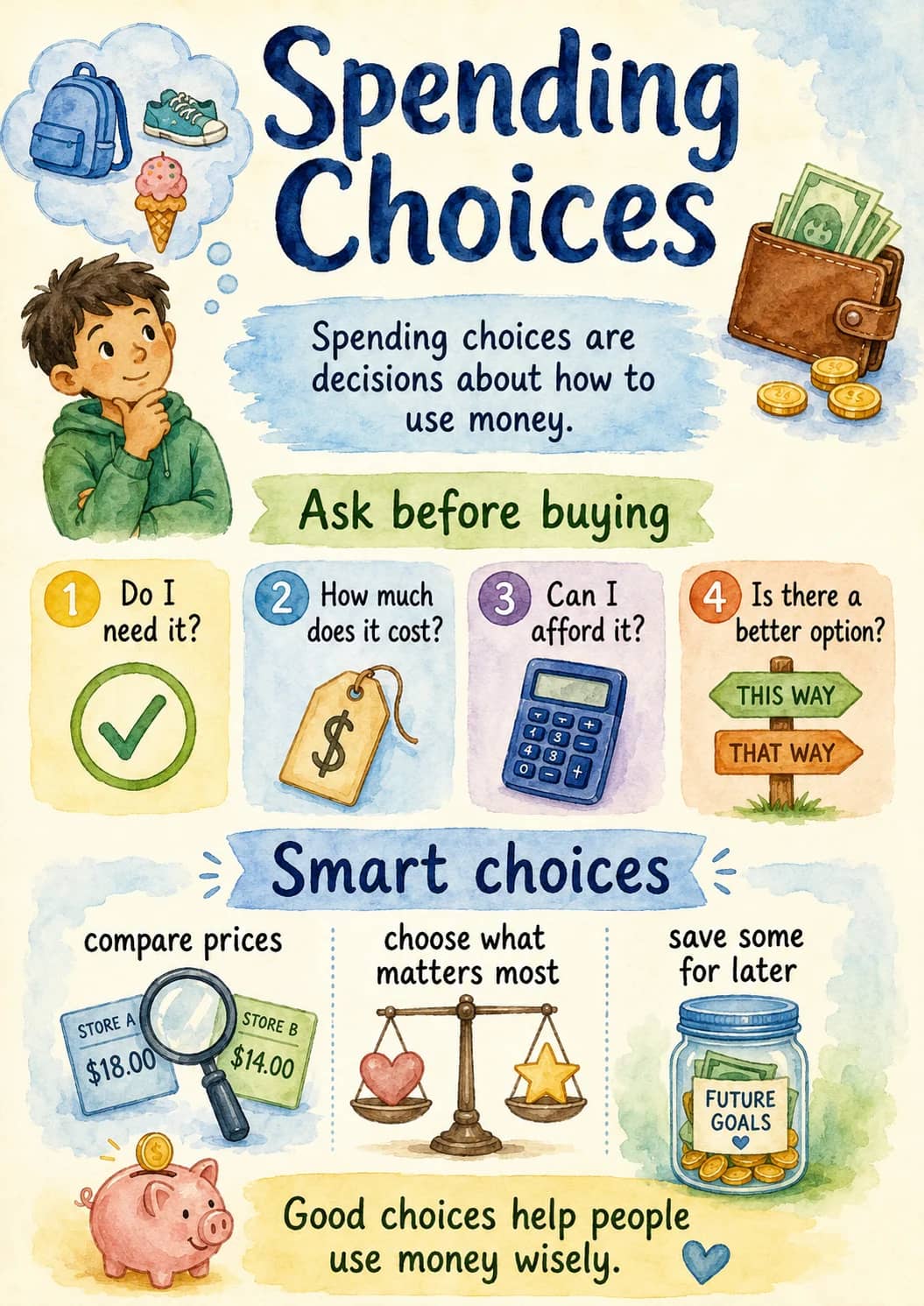 Spending Choices infographic poster showing Spending choices are decisions about how to use money., Ask before buying, 1. Do I need it?,...