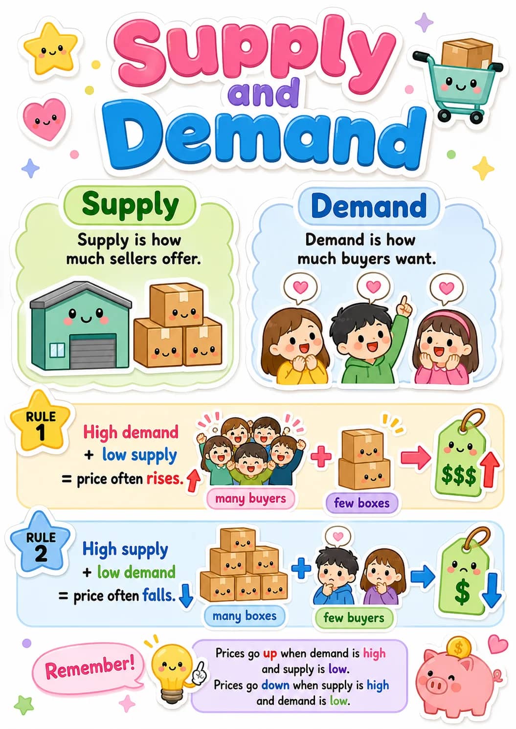 Supply and Demand infographic poster showing Supply, Supply is how much sellers offer., Demand, Demand is how much buyers want. and RULE 1...