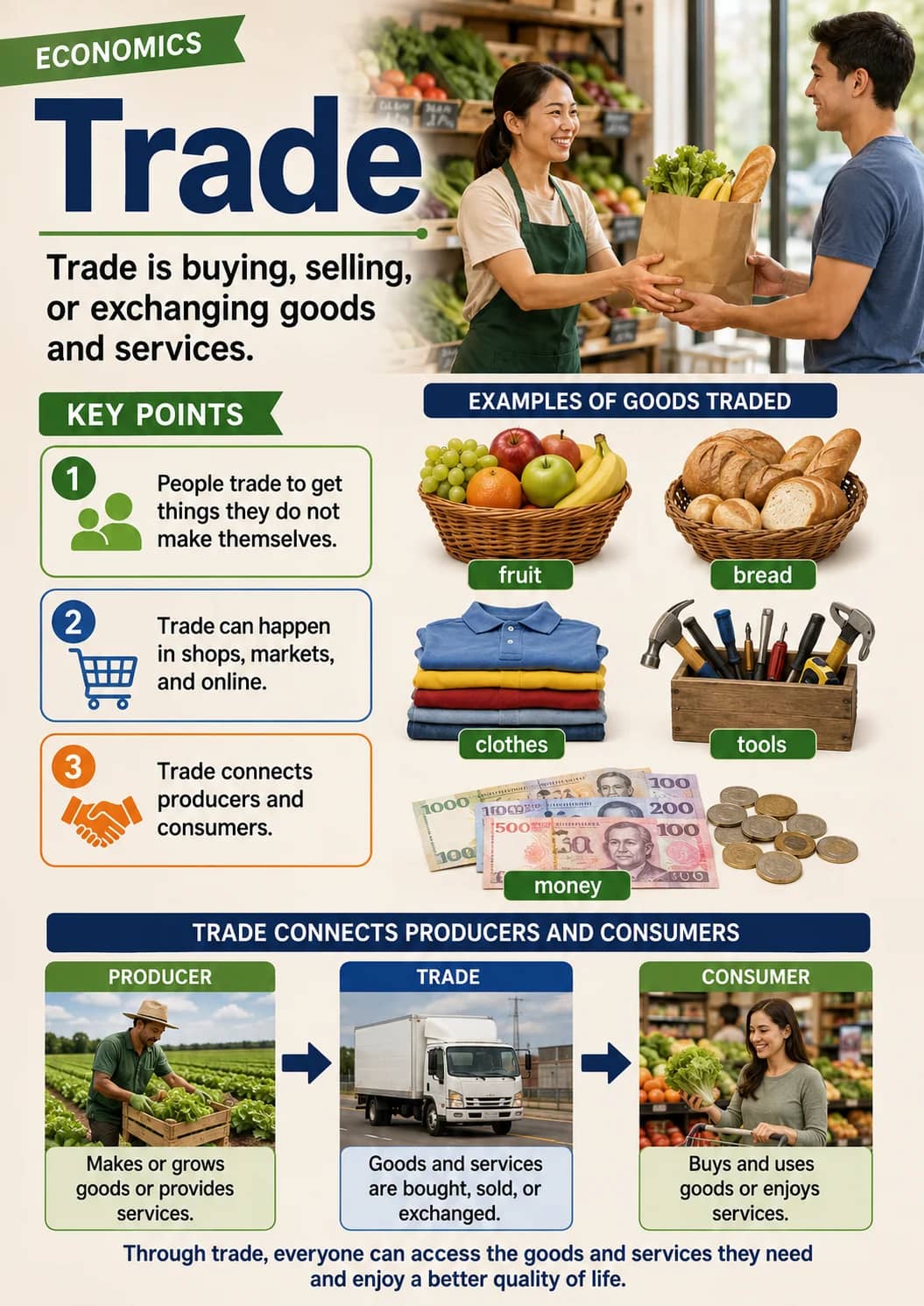Trade Connects Producers and Consumers. infographic poster showing Trade, Trade is buying, selling, or exchanging goods and services., KEY...