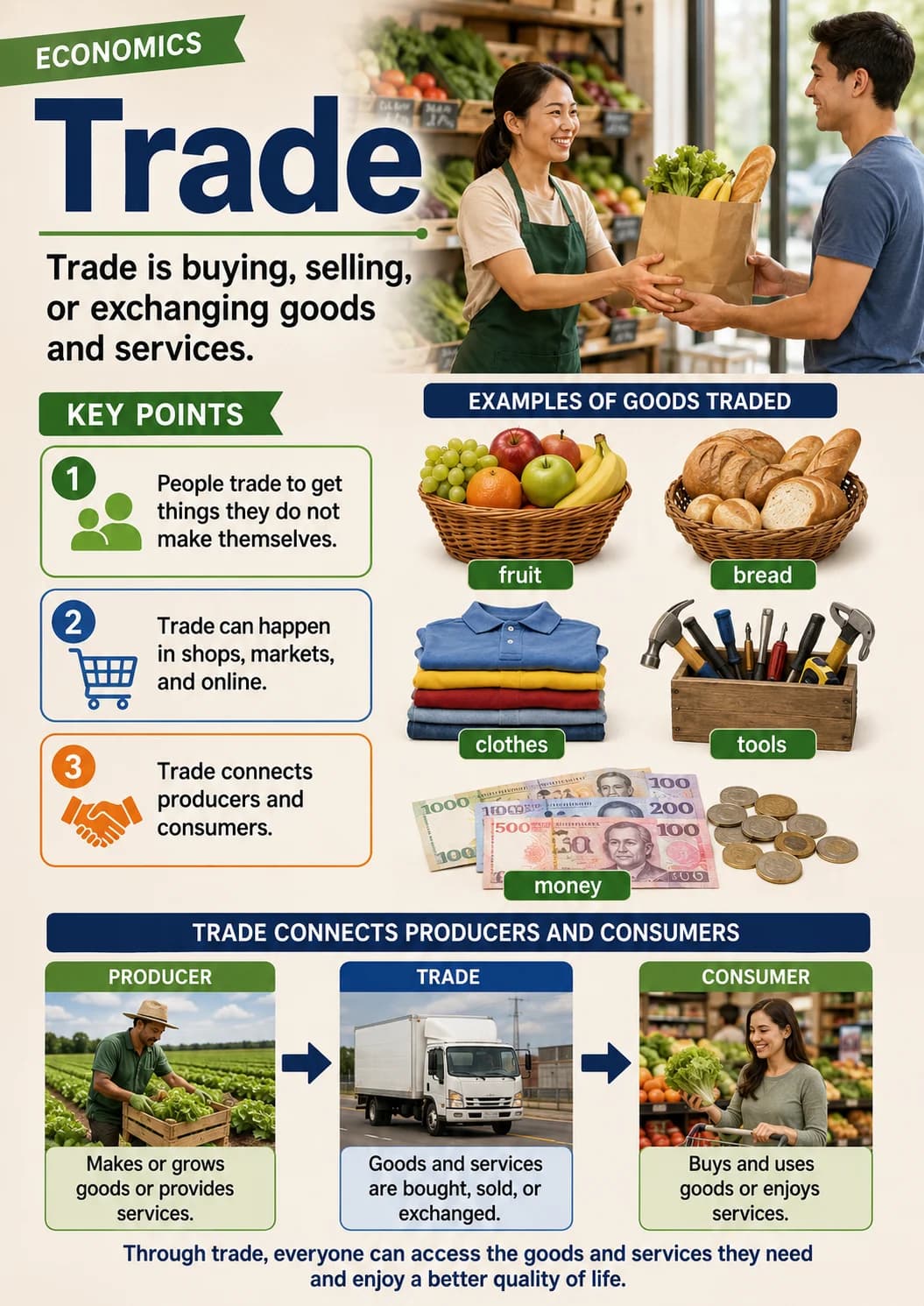 Trade Connects Producers and Consumers. infographic poster with clear labels for Economics.