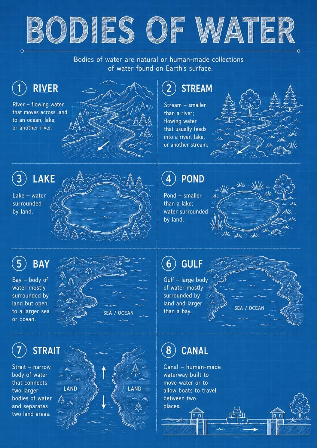 Bodies of Water infographic poster showing 1 RIVER, 2 STREAM, 3 LAKE, Lake – water surrounded by land. and 4 POND for Geography.