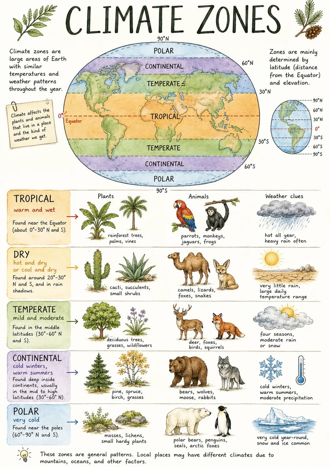 Climate Zones infographic poster showing Zones are mainly determined by latitude and elevation., TROPICAL, warm and wet, Found near the...