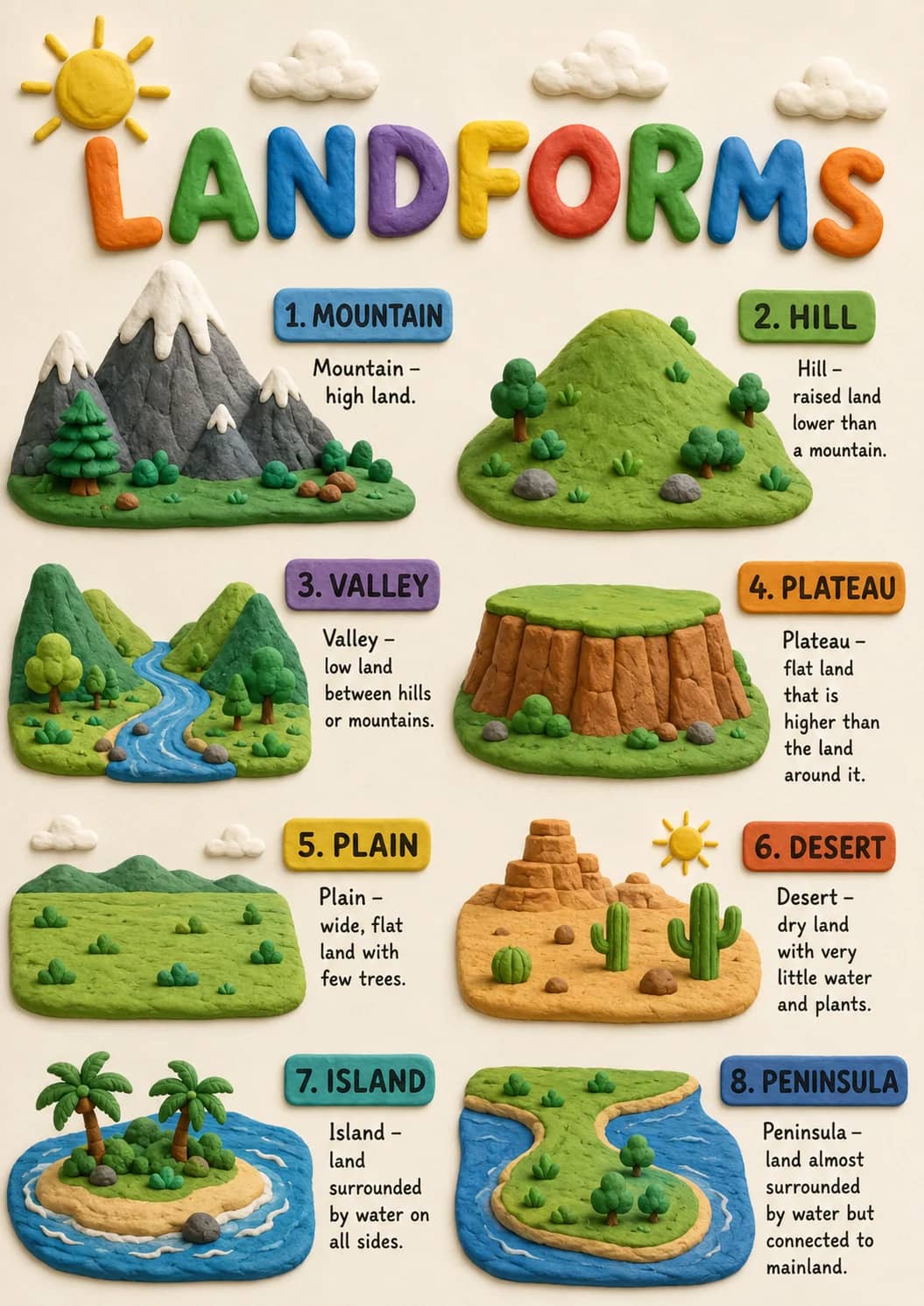 Landforms infographic poster showing 1. MOUNTAIN, Mountain – high land., 2. HILL, Hill – raised land lower than a mountain. and 3. VALLEY...