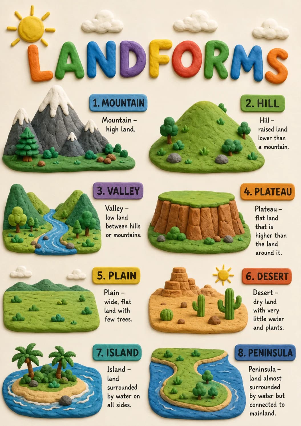 Landforms infographic poster with clear labels for Geography.
