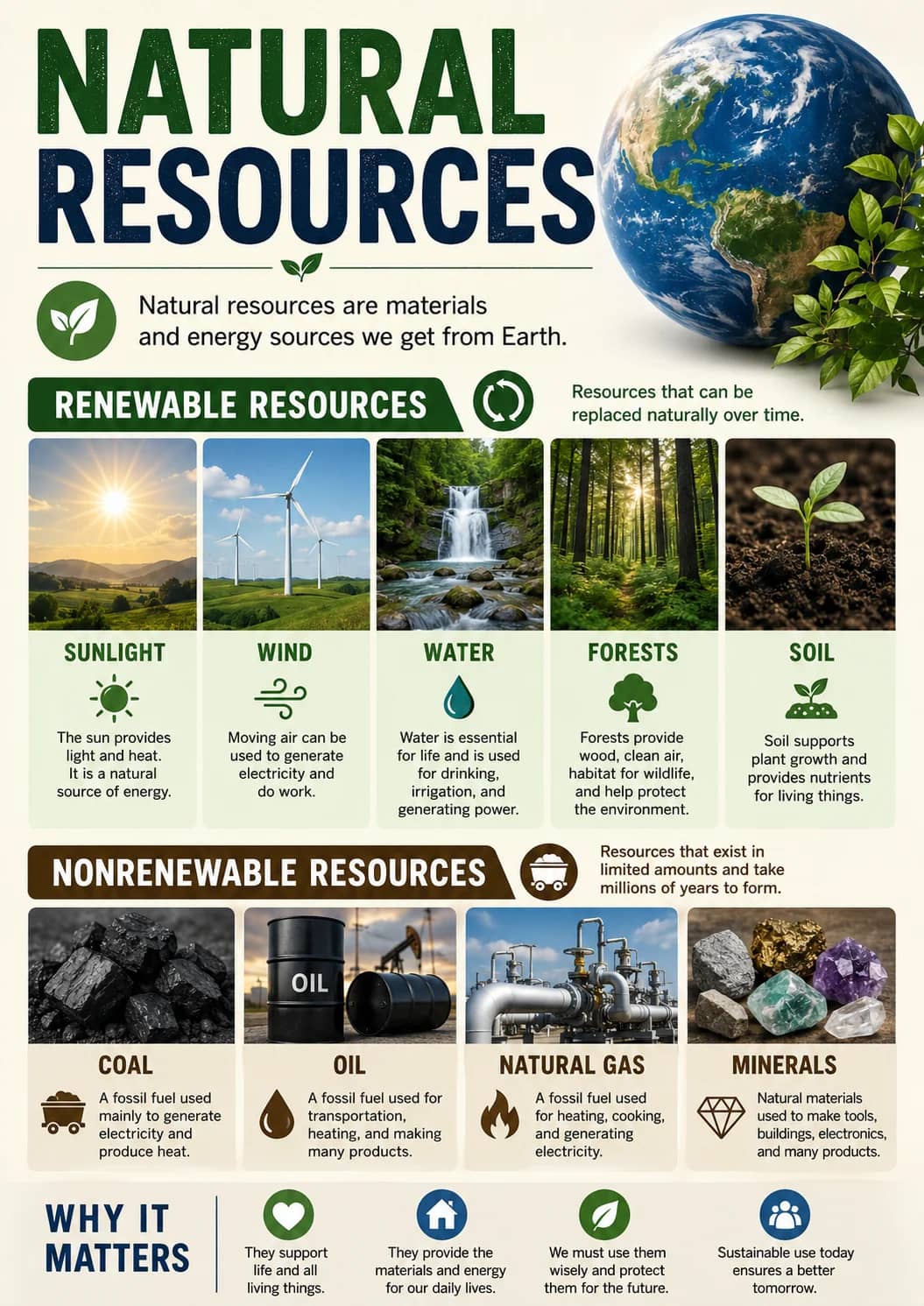 Natural Resources infographic poster showing Natural resources are materials and energy sources we get from Earth., RENEWABLE RESOURCES,...