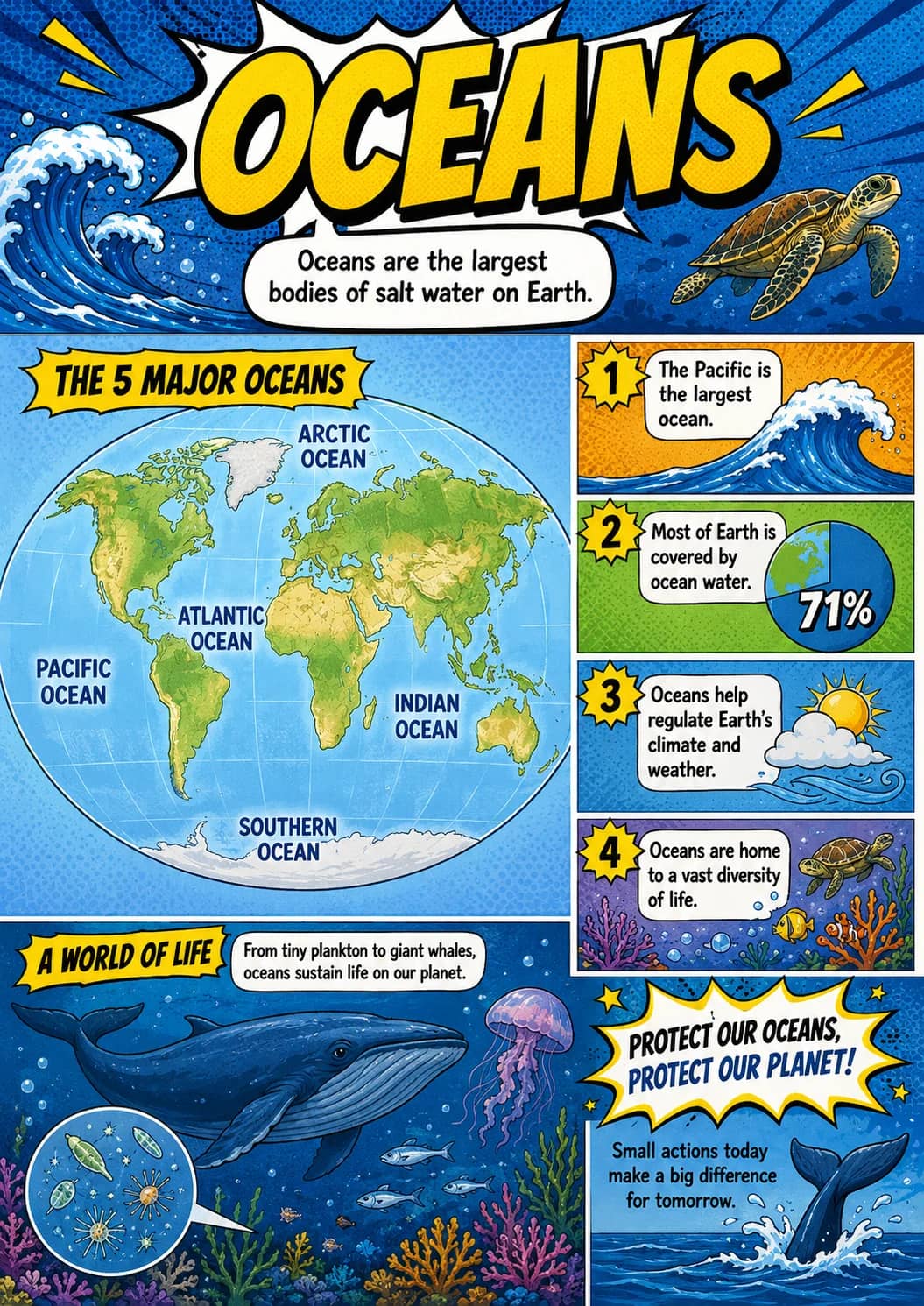 Oceans infographic poster showing Oceans are the largest bodies of salt water on Earth., THE 5 MAJOR OCEANS, The Pacific is the largest...