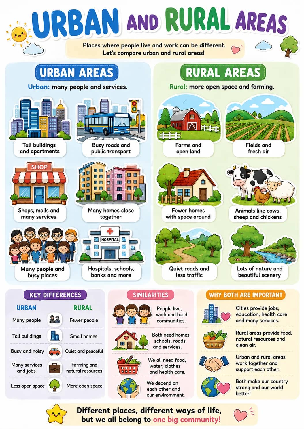 Urban and rural areas infographic poster showing Places where people live and work can be different., Let's compare urban and rural...