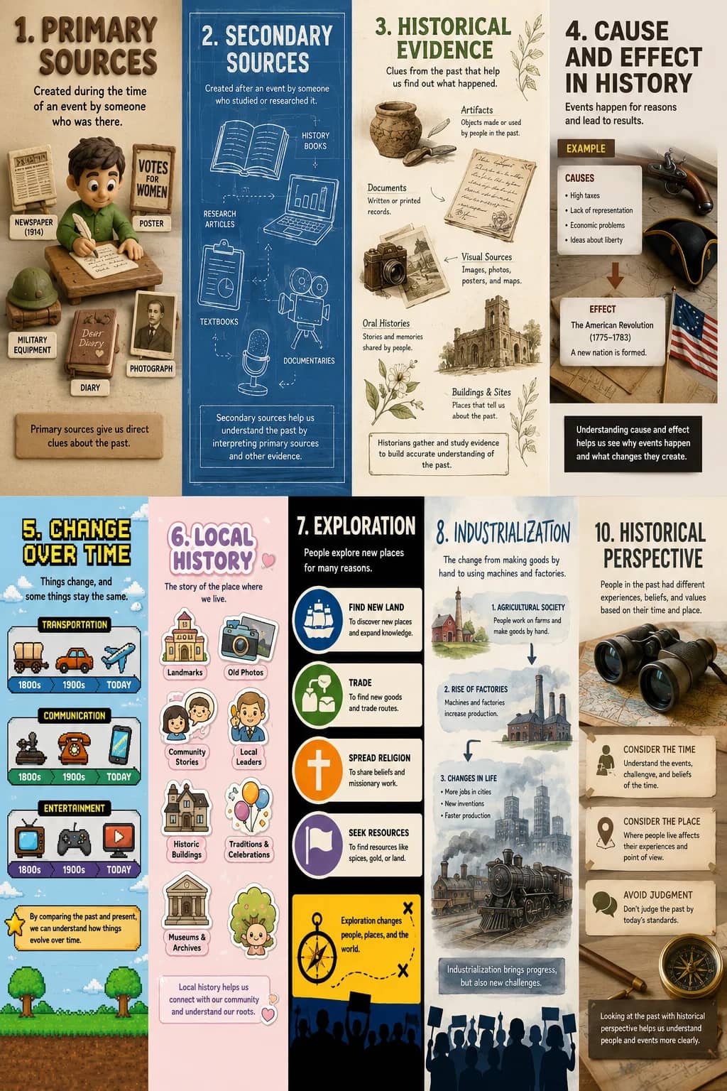 1. Primary Sources infographic poster showing Created during the time of an event by someone who was there., Primary sources give us...