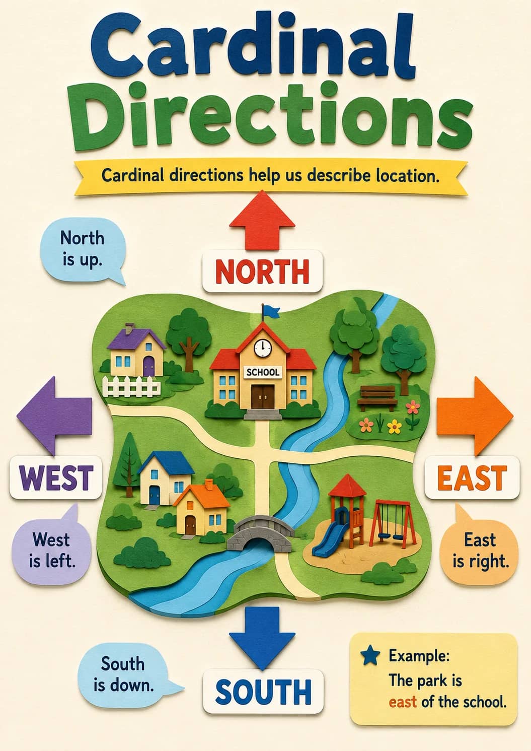 Cardinal directions infographic poster showing Cardinal directions help us describe location., North is up., NORTH, WEST and West is left....